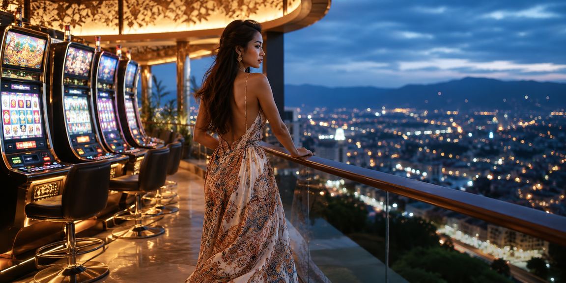 Model Vietnam berpose di kasino modern dengan suasana taruhan yang elegan dan profesional