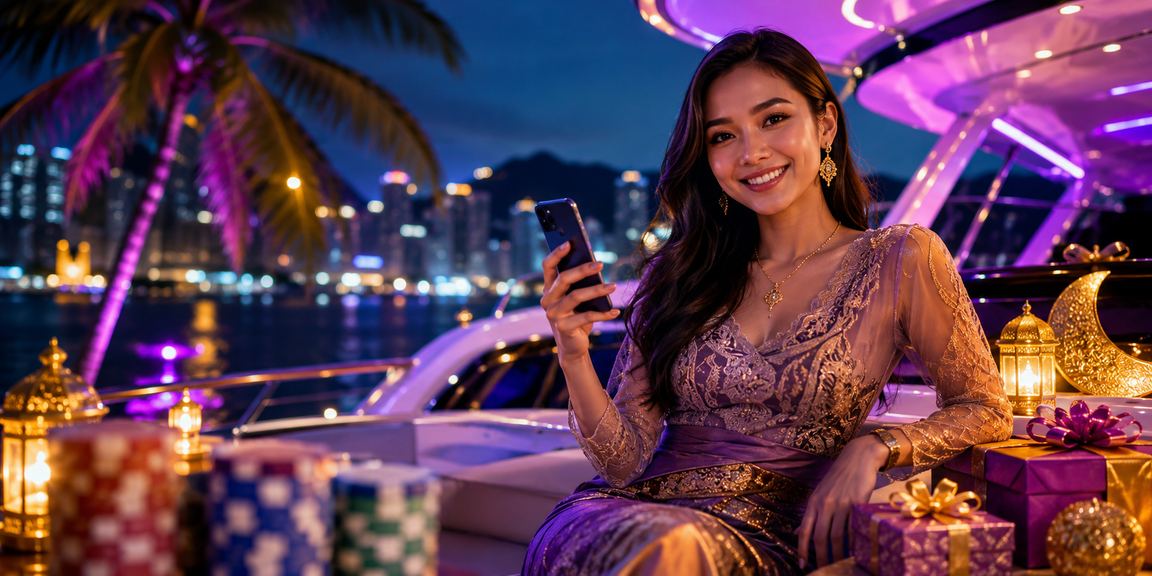 Suasana casino mobile dengan lampu neon berwarna-warni di malam hari Vietnam